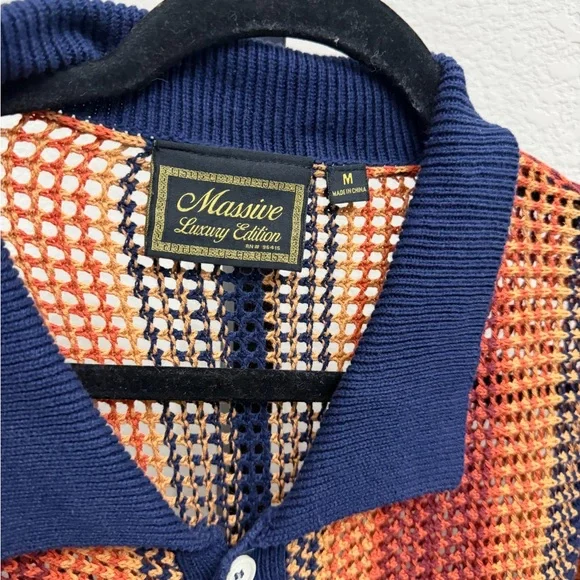 Massive Luxury Edition Men’s Orange and Navy Knit Polo Shirt - Picture 3 of 4